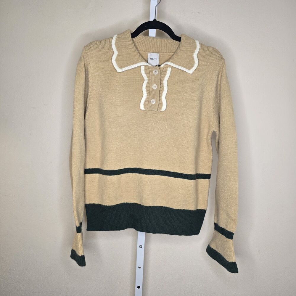 Maeve Anthropologie Size M Scallop Collared Sweater Beige & Green Long Sleeve